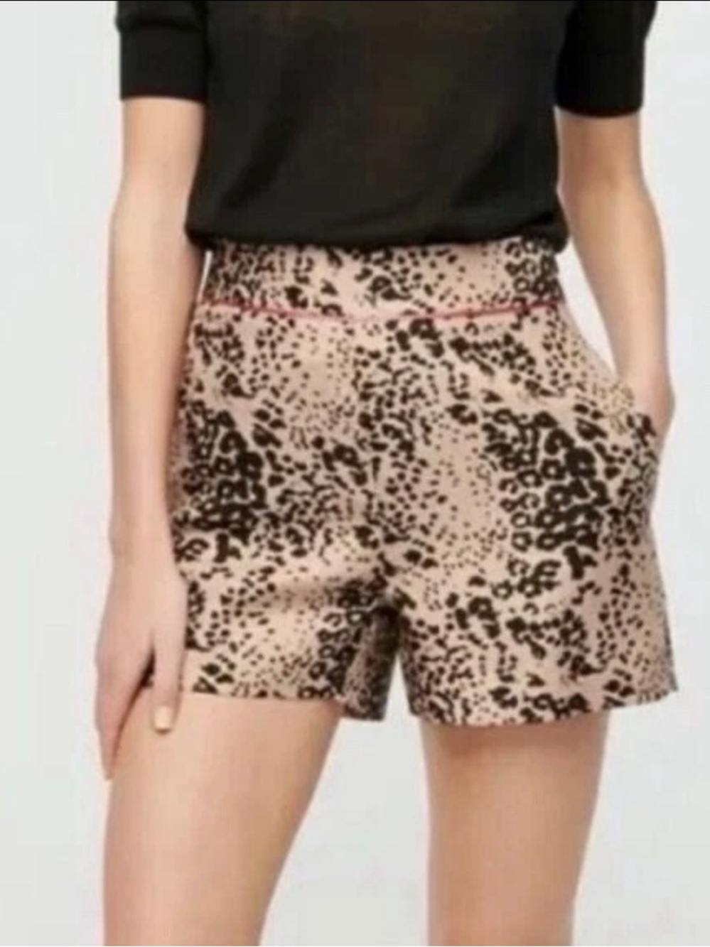 J. Crew High-Waist Animal Print Shorts in Beige and Black with Pink Piping